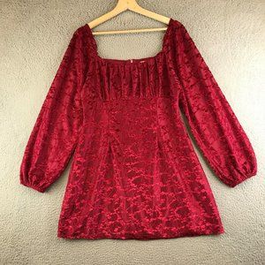 New Altar’d State burgundy boho romantic velvet floral dress size L long sleeves